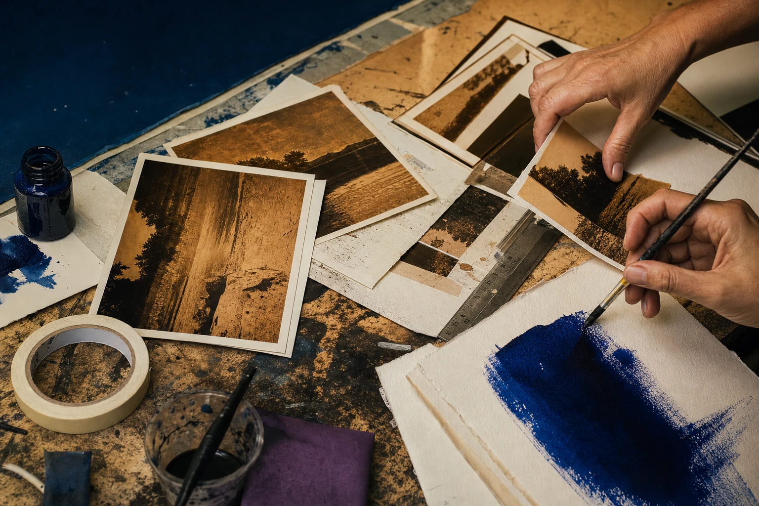 Mãos organizam fotografias e materiais de pintura sobre uma mesa de trabalho